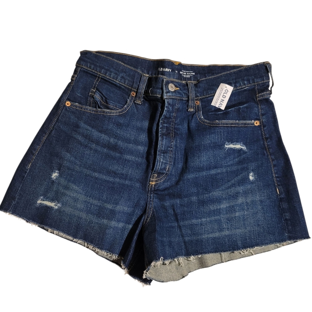Old Navy High-Rise Button Fly Blue Dark Denim Jean Cut-off Shorts